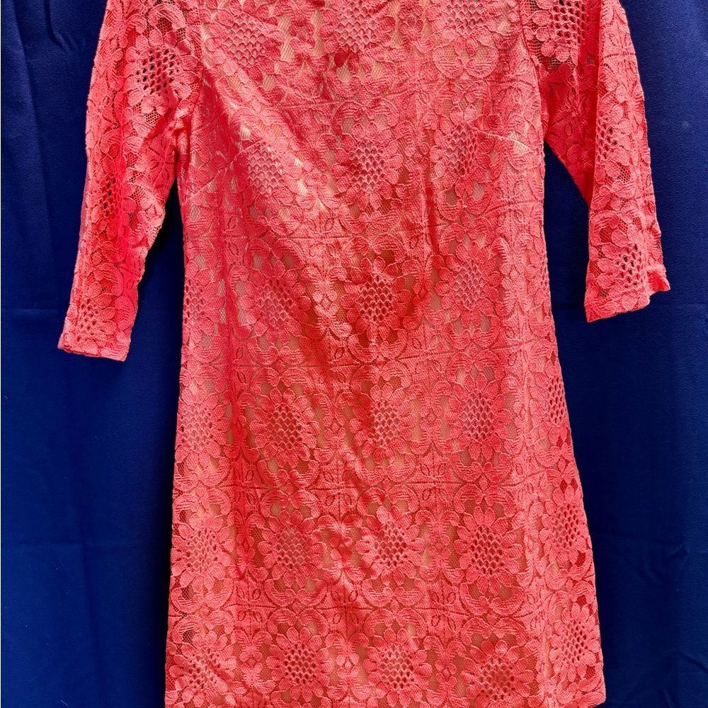 Jessica H Coral Lace Overlay Shift Dress 60s 70s Retro Mod Floral Sz 6 Brady Mom